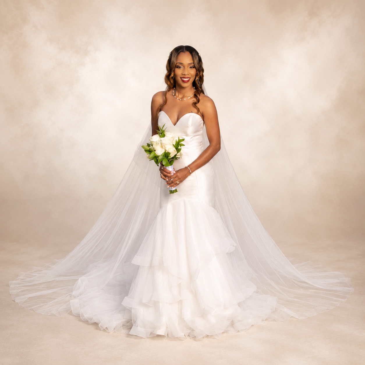 Bride in gown and long veil holding a bouquet