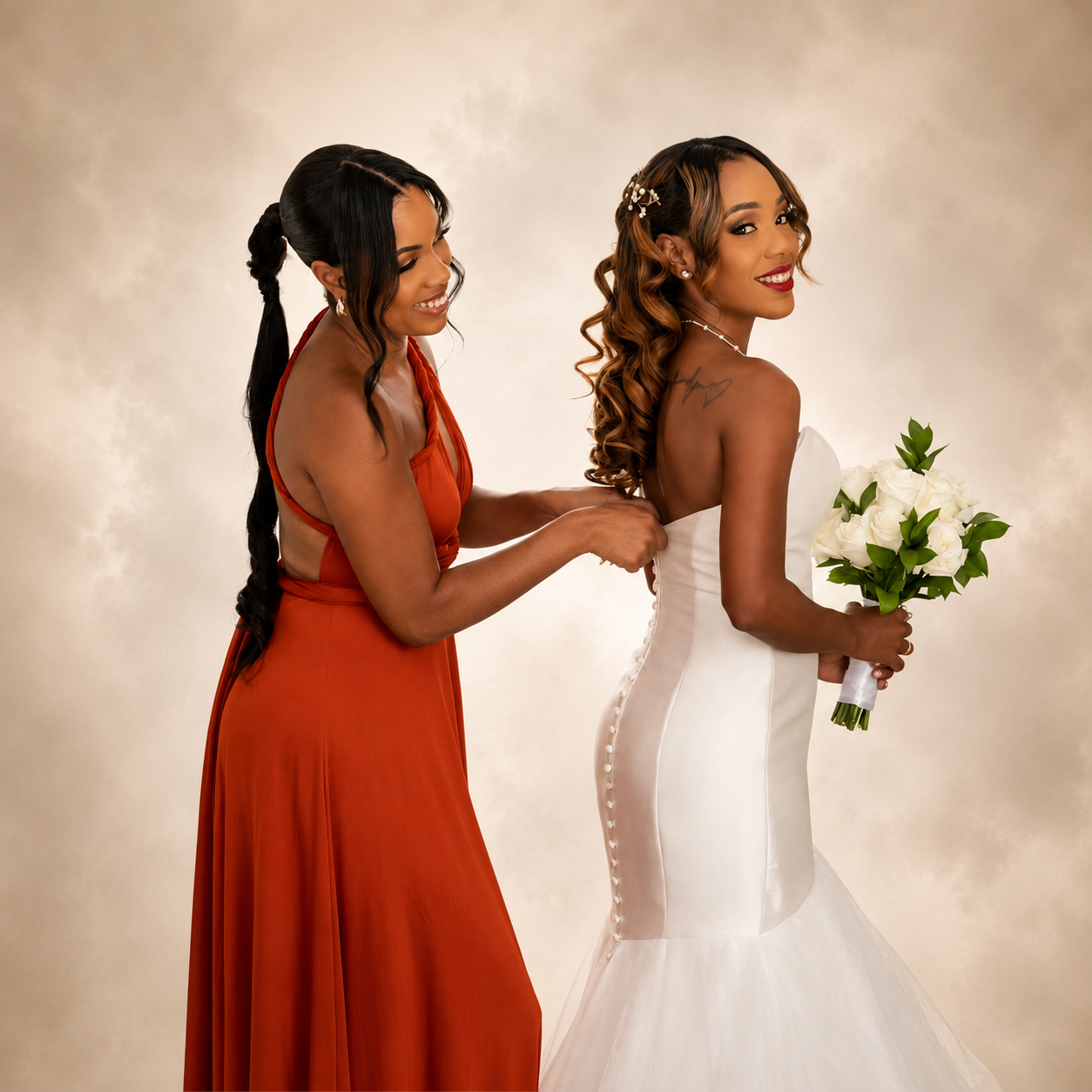Bride being helped into her gown with long styled curls and bridal accessories