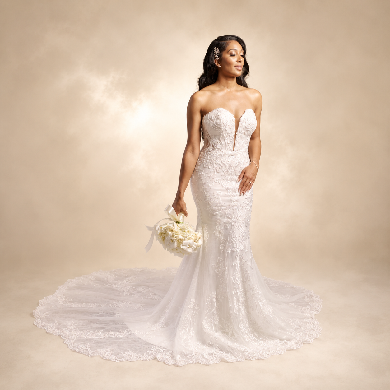 Bride in full-length gown portrait with styled waves and floral bouquet