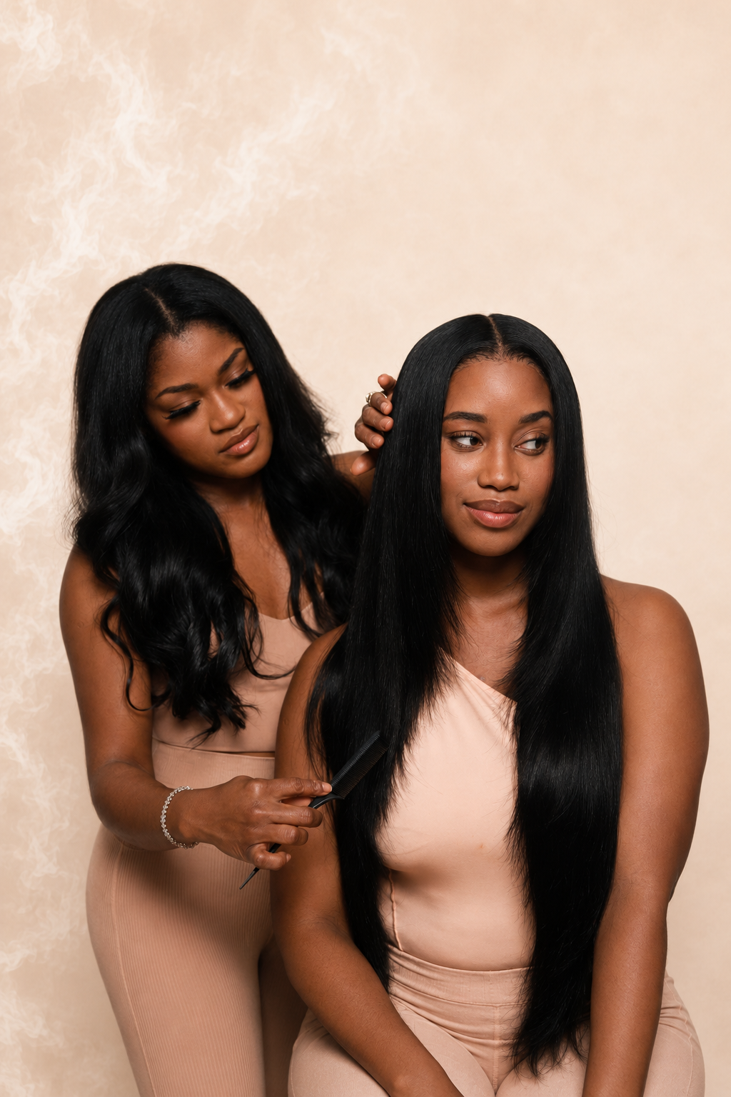 Stylist combing sleek straight hair on client