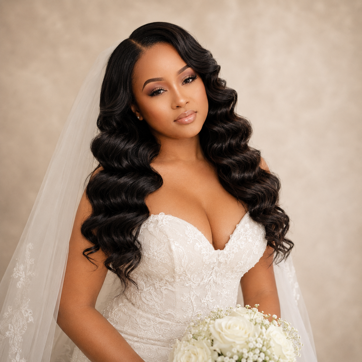 Bride with long glossy waves and veil wearing a lace gown