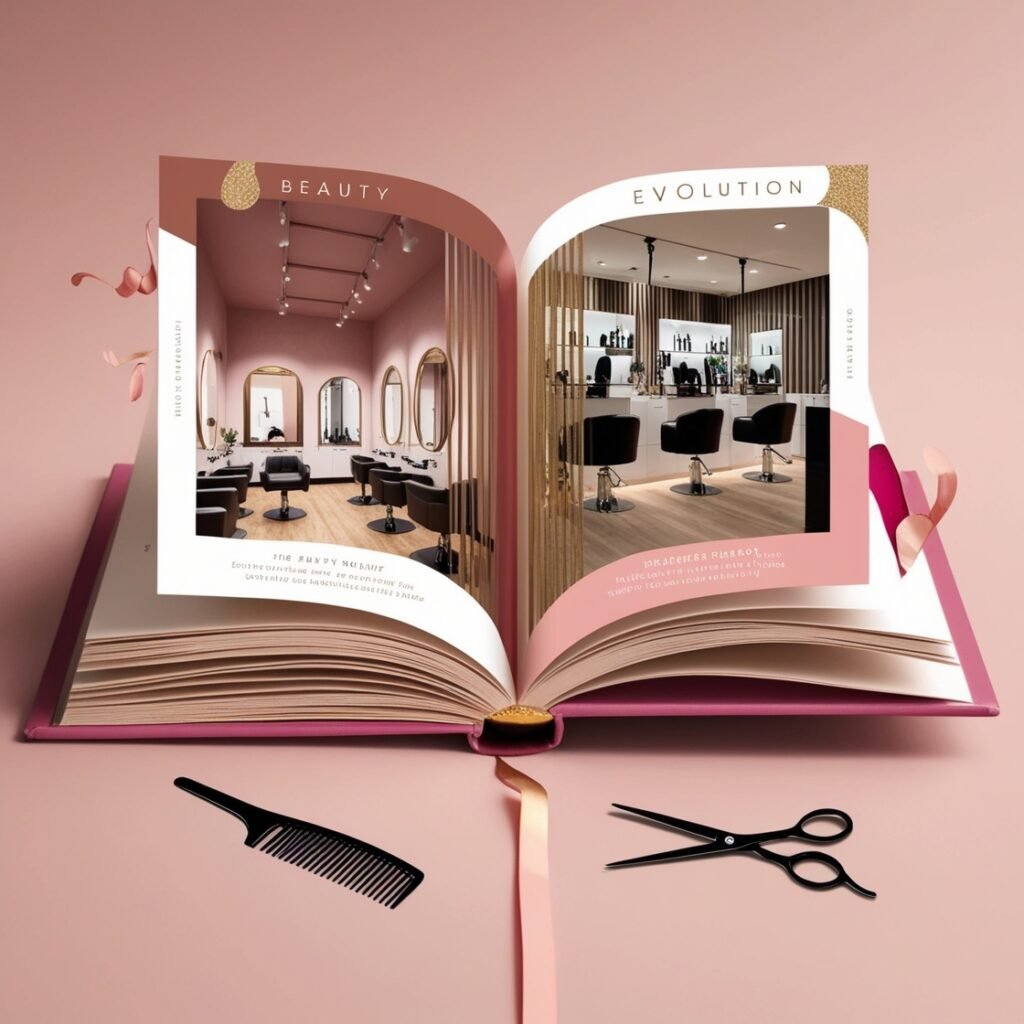 Open beauty magazine showcasing salon interiors, featuring elegant styling chairs and mirrors, with scissors and comb on a pink background, representing Indish Beauty's evolution in hair services.