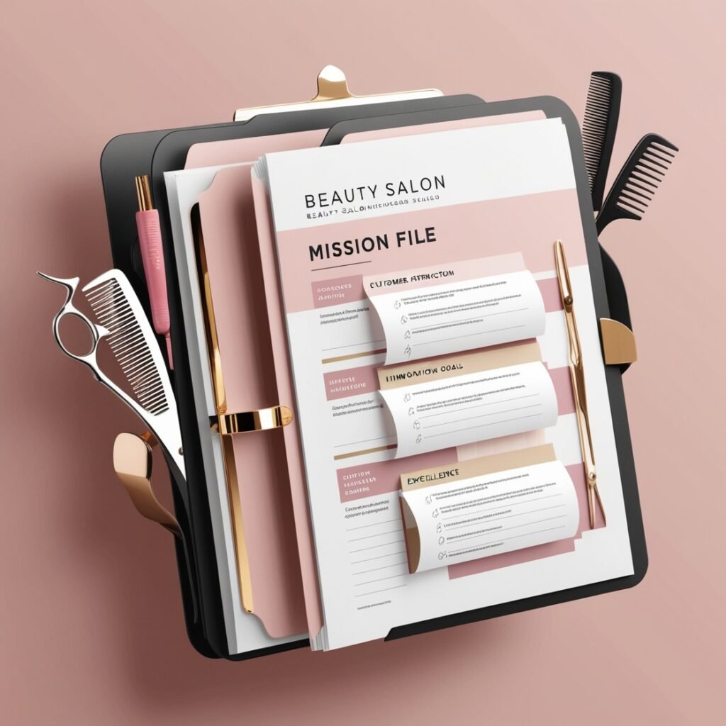 Beauty salon mission file with focus on customer attraction, innovation goals, and excellence, featuring salon tools like scissors and combs on a pink background.