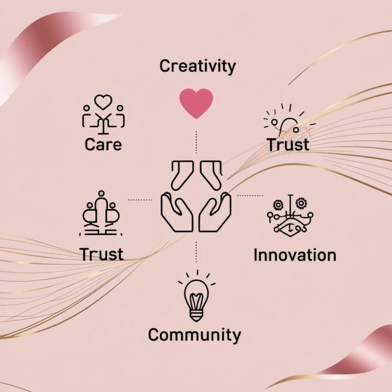 Icons representing core values of Indish Beauty: creativity, care, trust, innovation, and community on a pink background, symbolizing the salon's commitment to a customer-centric experience.